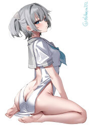 1girl artist_name ass backless_outfit bare_legs barefoot blue_eyes blue_neckerchief blush butt_crack cropped_shirt ebifurya feet green_sailor_collar grey_hair hair_intakes hashtag-only_commentary highres i-36_(kancolle) kantai_collection legs looking_at_viewer neckerchief no_panties no_swimsuit one-hour_drawing_challenge pelvic_curtain sailor_collar seiza shirt simple_background sitting soles solo toes twitter_username two_side_up white_background white_shirt