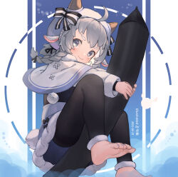 Rule 34 | 1girl, animal ears, artist name, barefoot, blue eyes, blush, bow, braid, capelet, coat, dated, fake animal ears, feet, grey hair, hat, highres, holding, holding stylus, horizontal pupils, leggings, long sleeves, looking at viewer, nail polish, original, oversized object, side braid, simple background, soles, solo, stylus, tail, toenail polish, toenails, toes, tsukibara, white hat