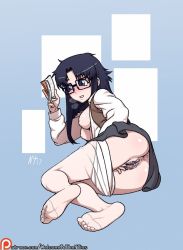 Rule 34 | 1girl, anus, ass, bad id, bad twitter id, between legs, black-framed eyewear, black hair, blouse, blue eyes, book, breasts, breasts out, cleft of venus, clothed masturbation, clothes pull, feet, female masturbation, female pubic hair, full body, glasses, hand between legs, heavy breathing, inverted nipples, legs together, long hair, lying, masturbation, medium breasts, nipples, no bra, no shoes, noise tanker, on side, open book, open clothes, open shirt, panties, panty pull, pantyhose, pantyhose pull, pubic hair, pussy, pussy juice, read or die, reading, see-through, see-through legwear, shirt, skirt, soles, solo, toes, uncensored, underwear, vest, yomiko readman