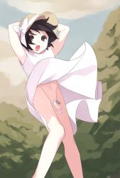 Rule 34 | 1boy, anjupai (pixiv), armpits, arms up, black eyes, black hair, chastity cage, clothes lift, crossdressing, dress, dress lift, hat, male focus, no panties, original, outdoors, penis, public indecency, public nudity, small penis, solo, trap