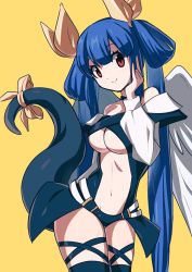 Rule 34 | 1girl, absurdres, angel wings, asymmetrical wings, bad id, bad twitter id, bare shoulders, bbhdrrr, belt, black panties, blue hair, breasts, choker, closed mouth, dizzy (guilty gear), guilty gear, guilty gear x, guilty gear xx, hair between eyes, hair rings, highres, large breasts, long hair, long sleeves, midriff, monster girl, navel, panties, puffy long sleeves, puffy sleeves, red eyes, ribbon, sidelocks, simple background, smile, solo, tail, tail ornament, tail ribbon, thigh strap, thighs, twintails, underboob, underwear, wings, yellow background, yellow ribbon