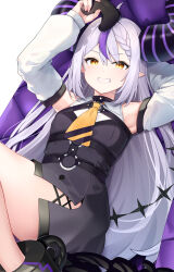 Rule 34 | 1girl, absurdres, ahoge, ankle cuffs, ascot, bare shoulders, black dress, black horns, braid, braided bangs, controller, demon horns, detached sleeves, dress, game controller, grey hair, highres, holding, holding controller, holding game controller, hololive, horns, la+ darknesss, la+ darknesss (1st costume), long hair, looking at viewer, lying, multicolored hair, o-ring, on back, pinafore dress, pointy ears, purple hair, sleeveless, sleeveless dress, solo, streaked hair, striped horns, usushio, virtual youtuber, white sleeves, yellow ascot, yellow eyes
