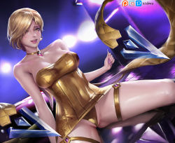 Rule 34 | 1girl, alternate costume, bad id, bad pixiv id, blonde hair, breasts, cleavage, dress, evelynn (league of legends), eyebrows, eyelashes, hair over one eye, jewelry, k/da (league of legends), k/da evelynn, k/da evelynn-prestige edition, kidmo, large breasts, league of legends, lipstick, makeup, necklace, no bra, panties, pantyshot, sitting, solo, spread legs, swept bangs, thick thighs, thigh strap, thighs, underwear, yellow eyes