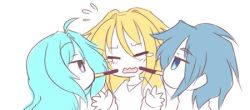 Rule 34 | 100 percent orange juice, ahoge, aqua hair, blonde hair, blue eyes, blue hair, commentary request, crying, embarrassed, closed eyes, food, hono, jitome, lowres, multicolored eyes, multiple girls, nath (orange juice), open mouth, pocky, pocky kiss, shared food, simple background, sora (orange juice), star breaker (orange juice), suguri, tears, white background, yuri