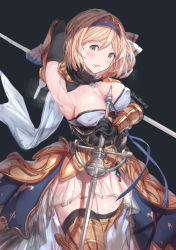 Rule 34 | 1girl, :d, arm up, armor, armpits, bad id, bad pixiv id, black background, black gloves, black hairband, black thighhighs, blonde hair, blush, boots, breasts, brown eyes, brown footwear, chrysaor (granblue fantasy), cleavage, corset, covered erect nipples, cowboy shot, detached collar, djeeta (granblue fantasy), elbow gloves, faulds, gloves, granblue fantasy, hair intakes, hairband, highres, holding, holding sword, holding weapon, large breasts, looking at viewer, milli little, open mouth, see-through, short hair, simple background, skindentation, skirt, smile, solo, steaming body, strapless, striped clothes, striped footwear, sword, thigh boots, thighhighs, thighhighs under boots, twitter username, vambraces, vertical-striped footwear, weapon, white skirt