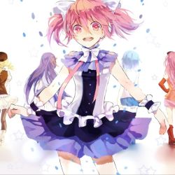 Rule 34 | 10s, 5girls, :d, akemi homura, alternate costume, bad id, bad pixiv id, blonde hair, blue hair, boots, bow, casual, confetti, drill hair, frilled skirt, frills, from behind, hair bow, hair ornament, hair ribbon, happy, kaname madoka, koyuiko, layered skirt, long hair, mahou shoujo madoka magica, mahou shoujo madoka magica (anime), miki sayaka, multiple girls, open mouth, outstretched arms, pink eyes, pink hair, purple hair, red hair, red ribbon, ribbon, sakura kyoko, short hair, short twintails, skirt, sleeveless, smile, star (symbol), teeth, thighhighs, thighs, tomoe mami, twin drills, twintails, wrist cuffs, wristband, zettai ryouiki