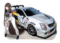 Rule 34 | 1girl, absurdly long hair, bbs (wheel), black footwear, brown hair, cadillac, cadillac ats, car, commentary, commission, english commentary, grey jumpsuit, gt world challenge america, highres, holeecrab, jumpsuit, leaning forward, long hair, looking at viewer, motor vehicle, original, parted lips, pointy ears, race vehicle, racecar, racing suit, smile, solo, spoiler (automobile), sponsor, vehicle focus, very long hair, yellow eyes
