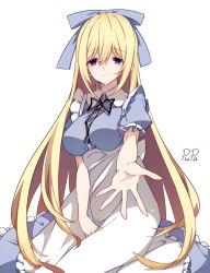 Rule 34 | 1girl, absurdres, alice (black souls), apron, artist name, between legs, black ribbon, black souls, blonde hair, blue bow, blue dress, bow, breasts, buttons, chinese commentary, closed mouth, dress, frilled apron, frilled dress, frilled sleeves, frills, hair between eyes, hair bow, hand between legs, highres, long hair, looking at viewer, medium breasts, puffy short sleeves, puffy sleeves, pupa jiang, purple eyes, purple pupils, ribbon, short sleeves, simple background, smile, solo, split mouth, very long hair, waist apron, white apron, white background