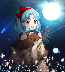 Rule 34 | 1girl, blue hair, bow, brown eyes, hair bow, hairband, highres, idolmaster, idolmaster million live!, idolmaster million live! theater days, looking back, moon, open mouth, own hands together, red bow, red hairband, short hair, solo, tokugawa matsuri, woorin