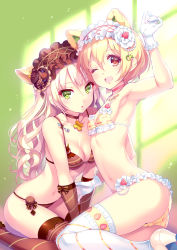Rule 34 | 2girls, :o, ;d, animal ears, arm up, armpits, ass, black neckwear, blonde hair, blush, breasts, choker, fake animal ears, food-themed clothes, fork, gloves, green eyes, hairband, high heels, highres, long hair, looking at viewer, medium breasts, multiple girls, navel, nishimura eri, one eye closed, open mouth, original, panties, red eyes, red gloves, red legwear, short hair, small breasts, smile, sweets lingerie, thighhighs, underwear, underwear only, white gloves, white legwear