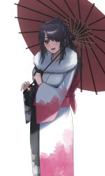 Rule 34 | 1girl, absurdres, black hair, blue eyes, blush, character request, copyright request, highres, holding, holding umbrella, long hair, looking at viewer, oil-paper umbrella, open mouth, ponytail, smile, solo, umbrella, xiaoju xiaojie