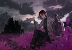 Rule 34 | 1boy, absurdres, black eyes, black footwear, black pants, black shirt, brown hair, castle, chyeo (chear 57), closed mouth, cloud, cloudy sky, coat, commentary request, dark clouds, facial scar, field, flower, flower field, full body, grave, grey coat, grey sky, heathcliff (project moon), highres, hill, holding, holding flower, knee up, korean commentary, lapels, lavender (flower), limbus company, loafers, long sleeves, male focus, notched lapels, open clothes, open coat, outdoors, overcast, pants, project moon, rain, scar, scar on arm, scar on cheek, scar on face, scar on hand, shirt, shoes, short hair, sitting, sky, solo, storm, storm cloud, tombstone, turtleneck, wet, wet hair