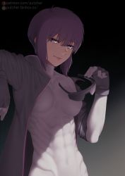 Rule 34 | 1girl, abs, bodysuit, breasts, collarbone, commentary, commentary request, english commentary, unworn eyewear, ghost in the shell, highres, holding, holding removed eyewear, jacket, kusanagi motoko, medium breasts, muscular, muscular female, pink eyes, purple hair, putcher, shadow, simple background, sunglasses