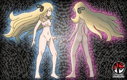 Rule 34 | 1girl, absurdres, armpits, arms at sides, artist name, ass, asymmetrical bangs, back, barefoot, blonde hair, breasts, cleft of venus, clenched hand, collarbone, completely nude, creatures (company), cynthia (pokemon), dark background, dimples of venus, eyelashes, feet, female focus, fingernails, floating hair, from behind, full body, game freak, grey eyes, groin, hair bobbles, hair ornament, hair over one eye, highres, huge filesize, large breasts, legs, long hair, multiple views, navel, neck, nilterguy, nintendo, nipples, nude, nude filter, official art nude filter, pokemon, pokemon champion, pokemon dppt, profile, pussy, serious, shoulder blades, sideboob, sidelocks, standing, thighs, third-party edit, toenails, toes, unworn clothes