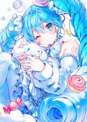 Rule 34 | 1girl, bare shoulders, blue bow, blue bowtie, blue eyes, blue hair, blue nails, bow, bowtie, candy, character name, cinnamoroll, closed mouth, commentary request, crossover, cup, detached sleeves, dress, drill hair, feet out of frame, food, frilled skirt, frills, fur-trimmed sleeves, fur trim, hatsune miku, highres, knees up, long hair, looking at viewer, miku day, noyu (noyu23386566), one eye closed, pantyhose, pink headwear, sanrio, skirt, smile, star (symbol), sugar cube, teacup, twin drills, twintails, very long hair, vocaloid, white dress, white pantyhose, white sleeves