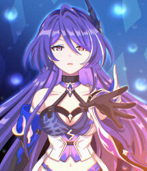 Rule 34 | 1girl, 7cats, acheron (honkai: star rail), armor, black choker, breasts, bright pupils, choker, cleavage, coat, commentary, commentary request, criss-cross halter, crop top, diamond-shaped pupils, diamond (shape), earrings, hair between eyes, hair ornament, halterneck, heterochromia, highres, honkai: star rail, honkai (series), jewelry, large breasts, midriff, mismatched irises, mismatched pupils, multicolored hair, navel, partial commentary, purple eyes, purple hair, reaching, reaching towards viewer, red eyes, revision, shoulder armor, single bare shoulder, solo, streaked hair, symbol-shaped pupils, upper body, white coat, white pupils