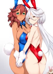 Rule 34 | 2girls, animal, animal ears, ass, bare back, blue leotard, blush, breast press, breasts, brown eyes, chestnut mouth, cleavage, dark-skinned female, dark skin, fake animal ears, fake tail, female focus, gradient background, green eyes, gundam, gundam suisei no majo, hair between eyes, huge breasts, large breasts, leotard, long hair, looking at viewer, looking back, miorine rembran, multiple girls, pale skin, playboy bunny, rabbit ears, rabbit tail, red hair, red leotard, shiny skin, skindentation, smile, standing, strapless, strapless leotard, suletta mercury, tail, tanuki, thick eyebrows, thick thighs, thighs, tsukasawa takamatsu, white background, white hair, wide hips, yuri