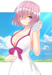 Rule 34 | 1girl, absurdres, bare shoulders, blue sky, bottle, breasts, cleavage, collarbone, dress swimsuit, fate/grand order, fate (series), hair over one eye, highres, large breasts, light purple hair, light rays, looking at viewer, mash kyrielight, mash kyrielight (swimsuit of perpetual summer), ocean, one-piece swimsuit, purple eyes, short hair, shunichi, sky, smile, solo, swimsuit, water bottle, white one-piece swimsuit
