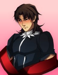 Rule 34 | 1boy, bad id, bad pixiv id, blush, brown eyes, brown hair, caren hortensia, caren hortensia (cosplay), cosplay, dairii, fate/hollow ataraxia, fate/stay night, fate (series), hat, kotomine kirei, male focus, solo