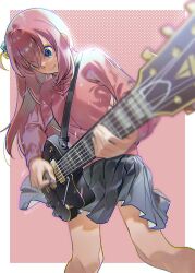 Rule 34 | 1girl, blue eyes, blue skirt, blurry, bocchi the rock!, border, closed mouth, crossed bangs, cube hair ornament, depth of field, electric guitar, feet out of frame, female focus, foreshortening, from side, gibson les paul, gotoh hitori, guitar, hair between eyes, hair ornament, hair over one eye, highres, holding, holding plectrum, instrument, jacket, long hair, long sleeves, looking down, miniskirt, music, one side up, outside border, pink background, pink hair, pink jacket, playing instrument, pleated skirt, plectrum, polka dot, polka dot background, skirt, sofa (enogunomu), solo, track jacket, white border