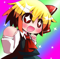 Rule 34 | 1girl, arms up, ascot, bad id, bad pixiv id, blonde hair, bow, chibi, female focus, hair bow, hair ornament, heaven condition, highres, no nose, oneb (daidokoro), open mouth, rainbow background, red eyes, rumia, short hair, solo, sparkle, star-shaped pupils, star (symbol), symbol-shaped pupils, touhou