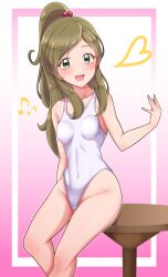 Rule 34 | 1girl, absurdres, breasts, brown eyes, commission, covered navel, eighth note, gradient background, green eyes, heart, highleg, highleg leotard, highres, leotard, long hair, minamino kanade, mujin (mujinzairaisen), musical note, pink background, pixiv commission, ponytail, precure, sidelocks, small breasts, solo, suite precure, table, white leotard