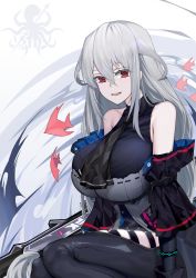 Rule 34 | 1girl, arknights, armpit crease, bare shoulders, black dress, breasts, dress, elite ii (arknights), fish, hair between eyes, highres, large breasts, logo, long hair, looking at viewer, necktie, no headwear, off shoulder, open mouth, pants, red eyes, sidelocks, silver hair, skadi (arknights), skadi (elite ii) (arknights), skindentation, smile, solo, sword, very long hair, weapon, white background, xiujia yihuizi