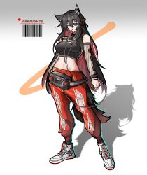 Rule 34 | 1girl, absurdres, alternate costume, animal ear piercing, animal ears, arknights, barcode, bare shoulders, black hair, black shirt, breasts, copyright name, cropped shirt, detached sleeves, digital media player, earbuds, earphones, food, food in mouth, full body, gradient background, grey background, grey sleeves, groin, highres, holding digital media player, implied extra ears, long hair, looking at viewer, medium breasts, midriff, mouth hold, pants, pocky, pouch, red hair, red pants, ribbed sleeves, shadow, shirt, shoes, simple background, sneakers, solo, standing, tail, texas (arknights), torn clothes, torn pants, very long hair, white footwear, wolf ears, wolf girl, wolf tail, yellow eyes, yosua 0669