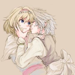 Rule 34 | 2girls, alice margatroid, blonde hair, blue eyes, braid, brown background, capelet, female focus, grey hair, hand on another&#039;s face, hand on another&#039;s shoulder, izayoi sakuya, multiple girls, parted lips, sash, shiro (hakukosui), short hair, simple background, touhou, yuri