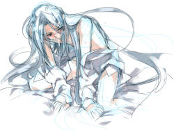 Rule 34 | 1990s (style), androgynous, blush, cum, cum in mouth, final fantasy, final fantasy vii, gender request, green eyes, kneeling, long hair, loose clothes, loose shirt, male focus, no pants, sephiroth, shirt, silver hair, solo, toujou sakana, trap, very long hair