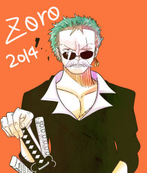 Rule 34 | 10s, 1boy, 2014, birthday, character name, disguise, dressrosa, fake facial hair, fake mustache, green hair, hand on hilt, one-eyed, one piece, roronoa zoro, scar, sheath, sheathed, sunglasses, sword, weapon