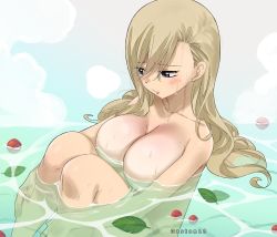 Rule 34 | 1girl, bath, blonde hair, blue eyes, breasts, cleavage, colorized, eden&#039;s zero, gaston18, highres, large breasts, long hair, mashima hiro, nude, partially submerged, rebecca bluegarden, solo, wet