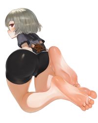 Rule 34 | 1girl, artist request, ass, barefoot, bike shorts, blush, cameltoe, foot focus, from behind, genshin impact, highres, kneeling, legs, light brown hair, looking at viewer, looking back, purple eyes, sayu (genshin impact), shiny clothes, shiny skin, short hair, solo