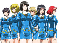 Rule 34 | 6+girls, agent aika, aika (series), ascot, ass, black ascot, black hair, blonde hair, blue delmo, blue delmo a, blue delmo d, blue delmo leader, blue delmo s, blue delmo w, blue eyes, blue hair, blue jacket, blue skirt, breasts, brown eyes, catherine (agent aika), closed mouth, commentary request, covered erect nipples, delmo, delmogeny uniform, extra, hair ornament, hairclip, hand on own hip, highres, jacket, juliet sleeves, latex, long sleeves, mamesi (suhk8583), medium breasts, military, military uniform, multiple girls, panties, pantyshot, profile, puffy sleeves, red hair, shiny clothes, shiny skin, short hair, simple background, skin tight, skirt, smile, standing, taut clothes, translation request, underwear, uniform, waitress delmo, white background, white panties, yellow eyes