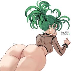 Rule 34 | 1girl, ass, ass focus, bottomless, breasts, commentary, earrings, english commentary, flipped hair, green eyes, green hair, highres, hoop earrings, jewelry, looking at viewer, lying, nipples, on stomach, one-punch man, punk, rakeemspoon, see-through, see-through shirt, simple background, small breasts, solo, tatsumaki, tatsumaki (chapter 171 cover), thighs, twintails, white background