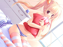 Rule 34 | 1girl, blonde hair, blue bra, blue panties, bow, bow bra, bra, character request, covering privates, dutch angle, hair between eyes, highres, indoors, konneko, lingerie, long hair, looking at viewer, mikeou, minamino nanami, mouth hold, panties, pink thighhighs, sitting, solo, source request, striped bra, striped clothes, striped panties, striped thighhighs, thighhighs, topless, twintails, underwear, underwear only, unworn bra