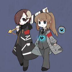 Rule 34 | 1boy, 1girl, :3, ahoge, aqua eyes, armband, black necktie, blue background, brown eyes, brown hair, closed mouth, coat, collared shirt, commentary request, employee (project moon), flat chest, full body, grey coat, grey pants, grey vest, hair over one eye, harvest fes, highres, lobotomy corporation, long sleeves, necktie, no nose, open clothes, open coat, pale skin, pants, ponytail, project moon, red armband, shirt, short hair, simple background, v-shaped eyebrows, vest, walking, white shirt