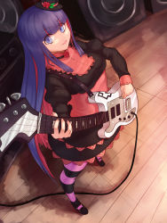 Rule 34 | 10s, 1girl, absurdres, bad id, bad perspective, bad pixiv id, bass guitar, blue eyes, colored inner hair, female focus, full body, guitar, highres, instrument, long hair, multicolored hair, onsen nakaya, panty &amp; stocking with garterbelt, solo, stocking (psg), striped clothes, striped thighhighs, thighhighs, two-tone hair