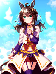 Rule 34 | 1girl, ahoge, alternate costume, black hair, blue background, blue eyes, blush, collarbone, commentary request, daring tact (umamusume), hair ornament, highres, looking at viewer, medium hair, shorts, simple background, smile, solo, sugimotty nova, thighhighs, umamusume