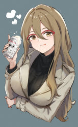 Rule 34 | 1girl, :p, beer can, black sweater, breasts, brown eyes, can, coat, commentary, cropped torso, drink can, ema (kuguiema), green background, hair between eyes, heart, highres, holding, holding can, large breasts, light brown hair, long hair, long sleeves, looking at viewer, lycoris recoil, nakahara mizuki, red-framed eyewear, ribbed sweater, solo, sweater, tongue, tongue out, turtleneck, turtleneck sweater