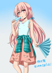 Rule 34 | 1girl, :p, abe ranzu, alternate hairstyle, bare arms, bare shoulders, blue bow, blush, body blush, bow, bright pupils, casual, clothes around waist, collarbone, commentary request, cowboy shot, flat chest, folding fan, food, gradient background, hair bow, hand fan, hata no kokoro, holding, holding fan, holding food, long hair, long sleeves, looking at viewer, low twintails, medium skirt, pink eyes, pink hair, pink skirt, plaid, popsicle, skirt, sleeveless, solo, standing, tareme, tongue, tongue out, touhou, translated, twintails, very long hair