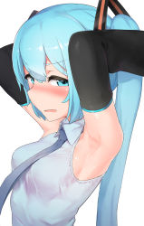 Rule 34 | 1girl, abmayo, annoyed, aqua eyes, aqua hair, armpits, arms behind head, arms up, bare shoulders, black sleeves, blush, breasts, collared shirt, commentary, detached sleeves, hair ornament, hatsune miku, highres, long hair, long sleeves, looking at viewer, necktie, open mouth, shirt, simple background, skirt, sleeveless, sleeveless shirt, small breasts, solo, thighhighs, twintails, upper body, very long hair, vocaloid, white background