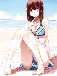 Rule 34 | 1girl, barefoot, beach, bikini, blue bikini, blush, breasts, brown eyes, brown hair, cleavage, crotch, day, feet, female focus, full body, horizon, knees together feet apart, knees up, legs, light smile, looking at viewer, matching hair/eyes, medium breasts, nature, nyoi jizai, on ground, outdoors, sand, sitting, sky, solo, swimsuit, thighs, toes, water