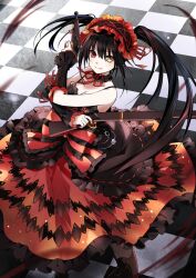 1girl black_dress black_footwear black_hair black_sleeves boots breasts checkered_floor cleavage clock_eyes closed_mouth date_a_live detached_sleeves dress dual_wielding floating_hair frilled_dress frills gun hairband handgun heterochromia highres holding knee_boots lolita_fashion lolita_hairband long_hair long_sleeves looking_at_viewer medium_breasts red_dress red_eyes red_ribbon reina_(pixiv62201958) ribbon smile solo standing symbol-shaped_pupils tokisaki_kurumi twintails very_long_hair weapon yellow_eyes