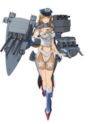 Rule 34 | 1girl, aircraft, airplane, blonde hair, blue eyes, blue hat, breasts, cannon, clip studio paint (medium), commentary request, full body, gloves, hat, kuuro kuro, large breasts, long hair, looking at viewer, machinery, mc axis, mecha musume, military, military hat, original, painttool sai (medium), peaked cap, personification, shorts, simple background, smile, solo, white background, white gloves, white shorts