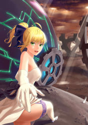 Rule 34 | 1girl, ahoge, artoria pendragon (all), artoria pendragon (fate), bare shoulders, black bow, blonde hair, blue ribbon, bow, breasts, cloud, d pang, dress, elbow gloves, fate/stay night, fate/unlimited codes, fate (series), female focus, field of blades, from behind, garter straps, gloves, green eyes, hair ribbon, high heels, kanshou &amp; bakuya (fate), light rays, looking at viewer, looking back, neck, official alternate costume, open mouth, outstretched arm, ponytail, ribbon, round teeth, saber (fate), saber (pure night dress) (fate), saber lily, short hair, smile, solo, strapless, strapless dress, sunbeam, sunlight, teeth, thighhighs, thighs, unlimited blade works (fate), walking, white dress, white gloves, white thighhighs