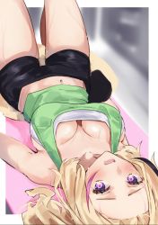Rule 34 | 1girl, animal ears, bike shorts, black hair, blonde hair, breasts, casual, cleavage, downblouse, exercising, fox tail, hololive, long hair, lying, medium breasts, midriff, multicolored hair, navel, omaru polka, on back, open mouth, pink hair, ponytail, purple eyes, solo, streaked hair, sweat, tail, tank top, tsushi, virtual youtuber