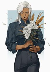 Rule 34 | 1girl, black lips, black pants, blue background, blue shirt, bouquet, character request, collared shirt, commentary request, copyright request, cowboy shot, dark-skinned female, dark skin, falling petals, flower, grey eyes, high-waist pants, highres, holding, holding bouquet, korean commentary, leaf, long hair, looking to the side, pants, petals, rose, samban doyo, shirt, shirt tucked in, simple background, solo, standing, swept bangs, two-tone background, wheat, white background, white flower, white hair, white rose