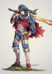 Rule 34 | blue hair, cape, commission, fire emblem, fire emblem awakening, full body, gloves, grin, hand on own hip, headband, holding, holding sword, holding weapon, male focus, nintendo, one eye closed, priam, shield, smile, solo, spiked hair, sword, weapon