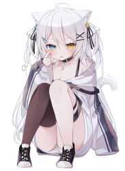 Rule 34 | 1girl, animal ears, bare shoulders, black footwear, black ribbon, breasts, brown thighhighs, cat ears, cat girl, cat tail, cleavage, collarbone, commentary request, grey hair, hair ornament, hair ribbon, hairclip, heterochromia, highres, jacket, knees together feet apart, knees up, long hair, long sleeves, medium breasts, off shoulder, original, puffy long sleeves, puffy sleeves, ribbon, ringouulu, shoes, short shorts, shorts, simple background, single thighhigh, sitting, sleeves past fingers, sleeves past wrists, solo, tail, thighhighs, two side up, very long hair, white background, white jacket, white shorts